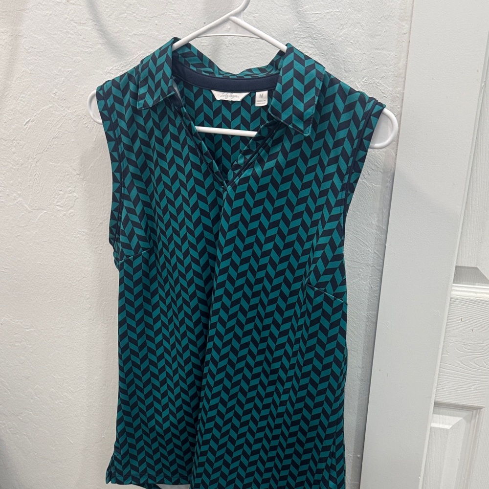 Lady Hagen Teal and Navy Chevron Sleeveless Golf Blouse